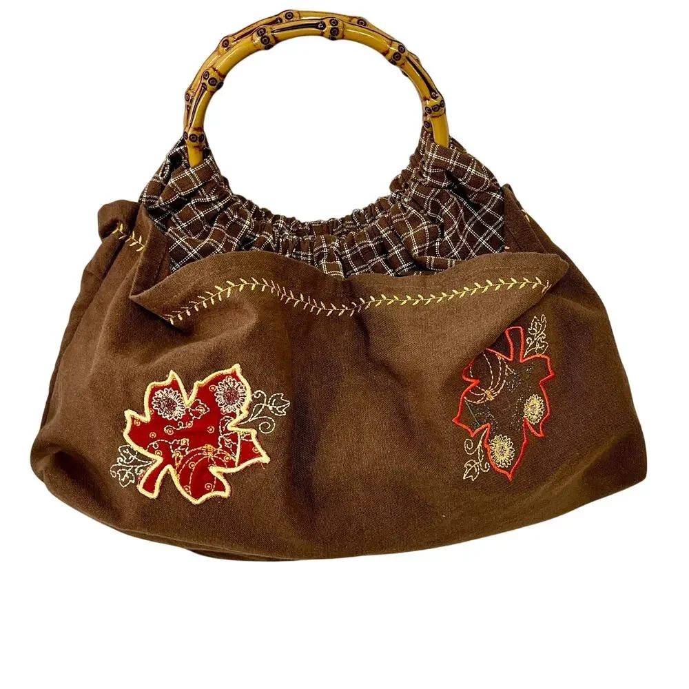 Faux Bamboo Handle Handbag Autumn Leaf Pumpkin Embroidery Brown Fabric Retro